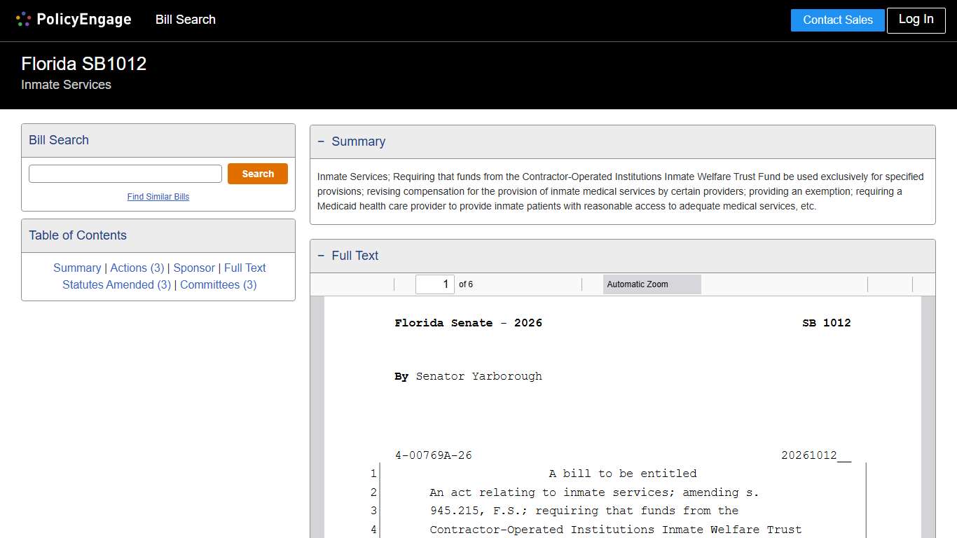 SB1012 Florida 2026 Inmate Services - Legislative Tracking PolicyEngage