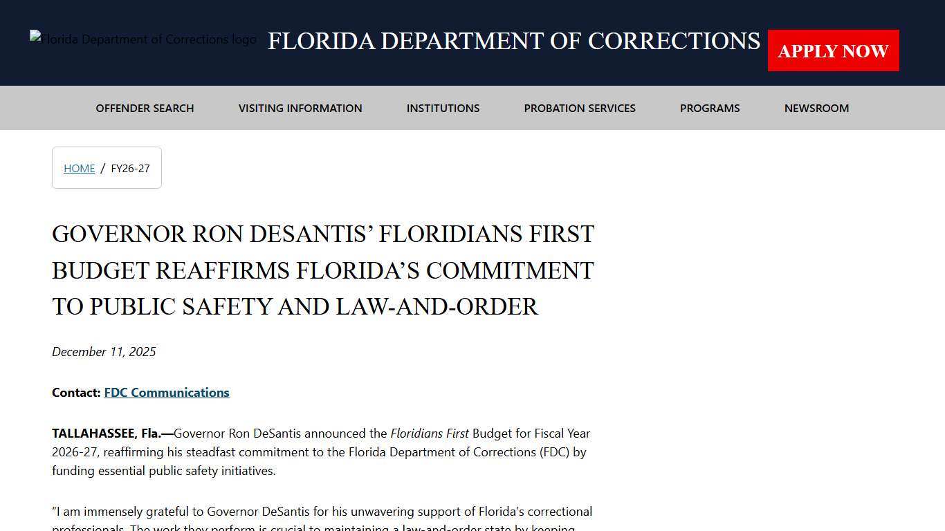FY26-27 - Florida Department of Corrections